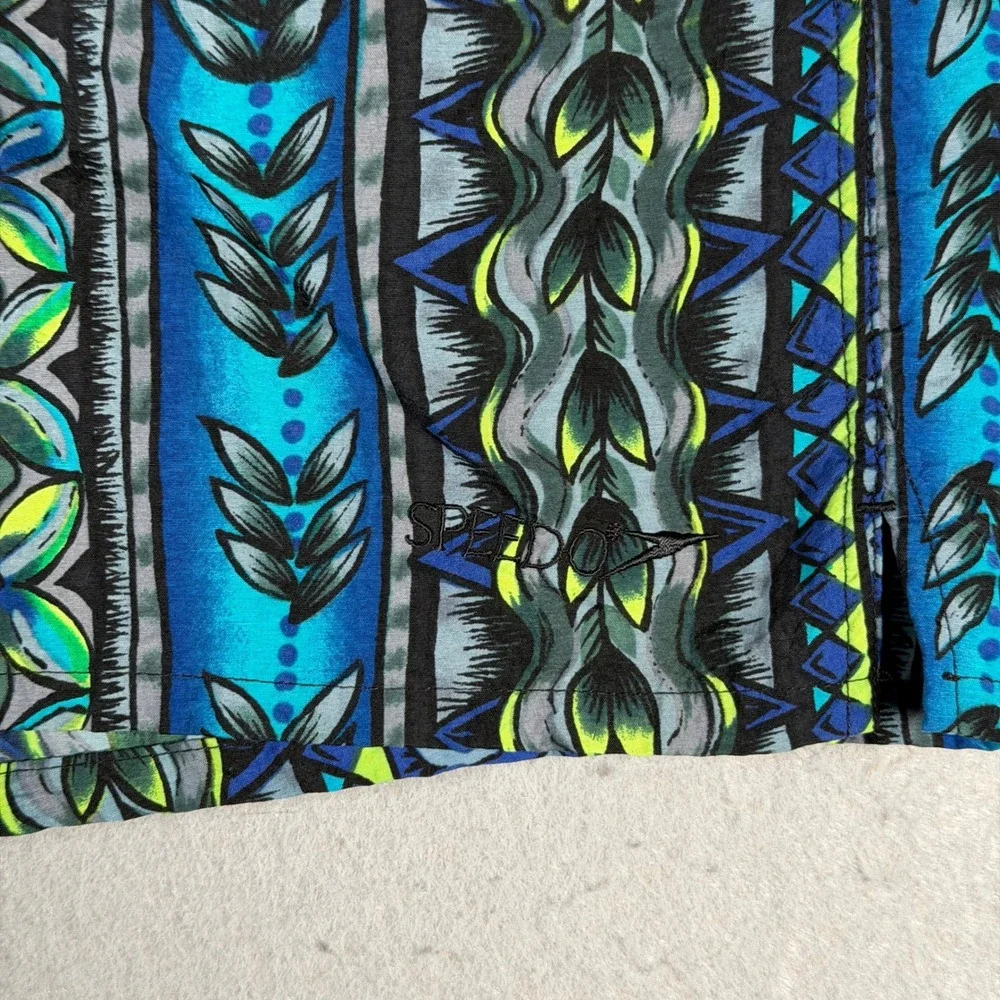 Speedo Mens Vintage Tribal Geometric Print Swim Trunks Blue Teal XL 90's